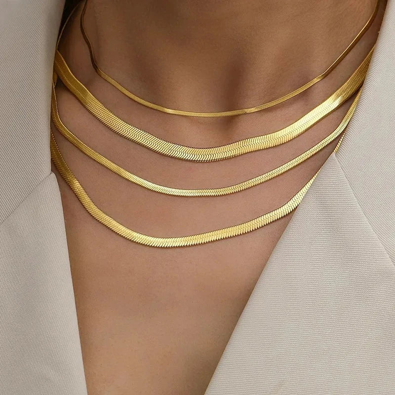 Classic Gold Herringbone Chain Necklace